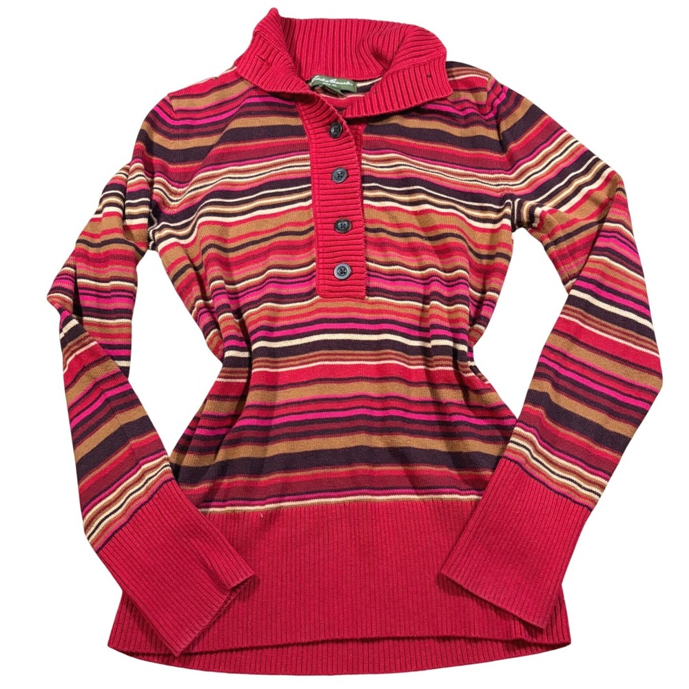 Y2K Striped Red Striped Button Polo Collar Cotton Blend Sweater Size M